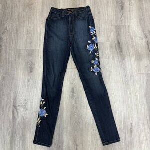 Fashion Nova Women's Skinny Jeans Size 7 Dark Wash Blue Floral Embroidered USA